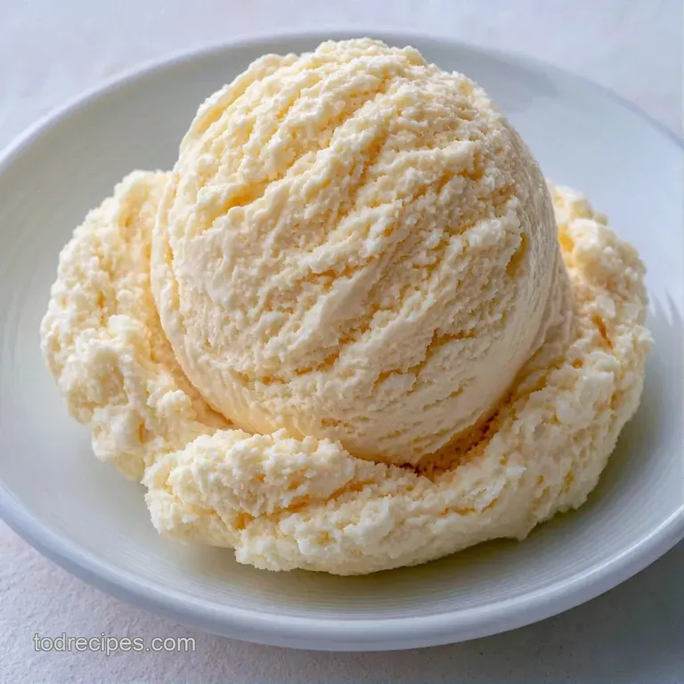 Two smooth scoops of pale cream frozen dessert in a chilled glass bowl garnished with a mint leaf and blueberries.