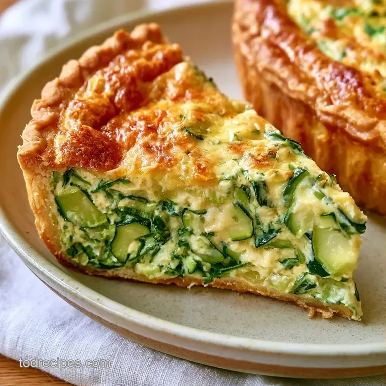 A creamy slice of savory vegetable tart on a white plate, garnished with fresh microgreens and a lemon wedge.