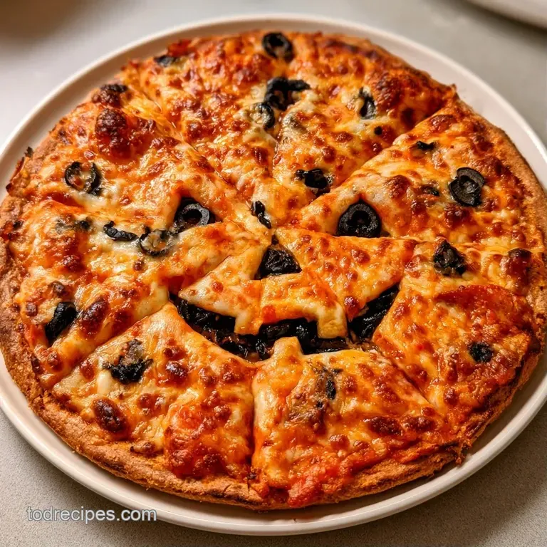 A vibrant orange-cheese pizza on a dark rustic wooden board, accented by black olives and festive autumn leaves