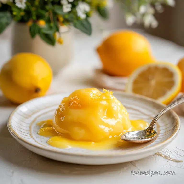 A delicate swirl of creamy lemon curd in a white ramekin, topped with a single vibrant green mint leaf.
