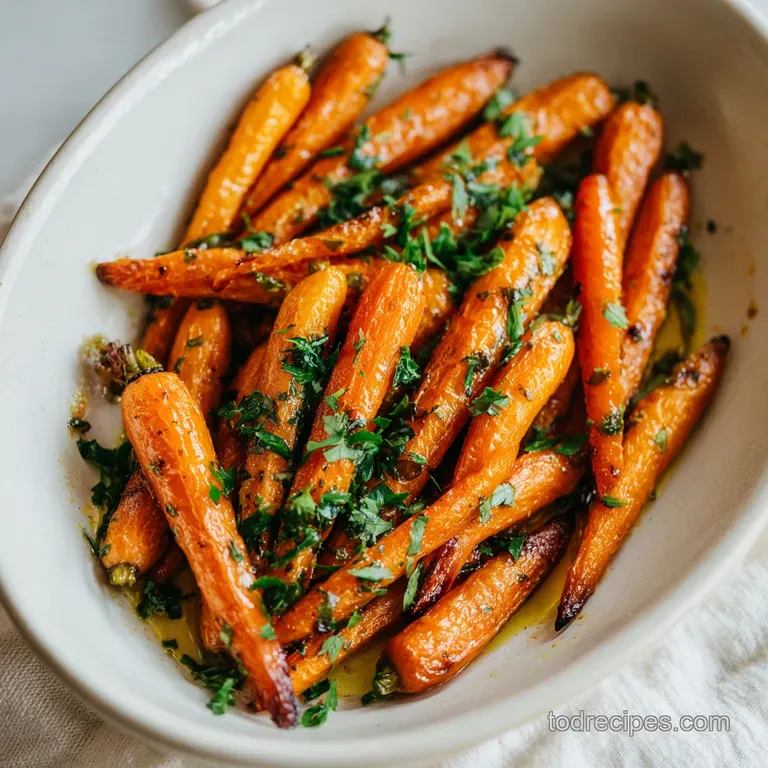 A neat arrangement of glossy, honey-glazed roasted carrots on a rustic white plate, topped with fresh parsley.