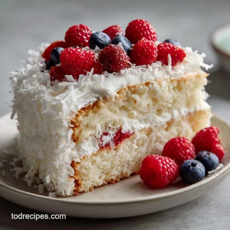 A pristine slice of coconut cake reveals a tender crumb, adorned with a dollop of whipped cream.