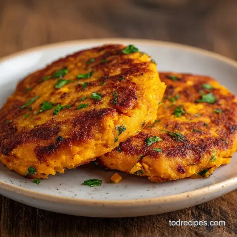 A stack of orange-hued vegetable cakes topped with creamy white yogurt and a sprig of fresh, bright green parsley.