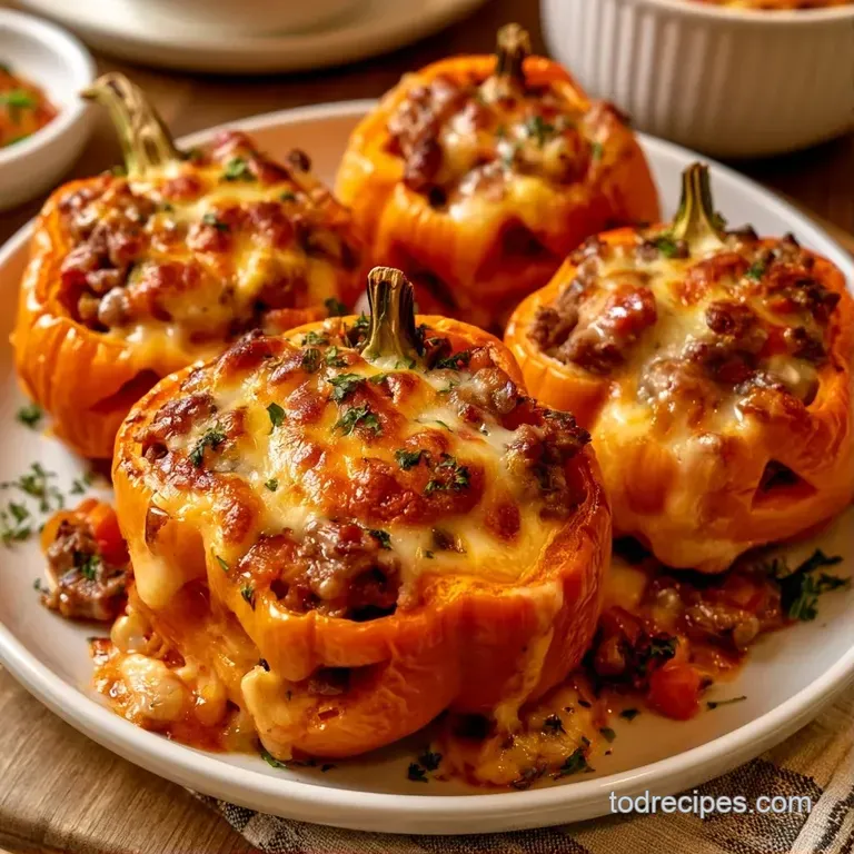 Vibrant red bell peppers filled with savory beef and cheese, arranged on a white ceramic platter with a linen napkin.