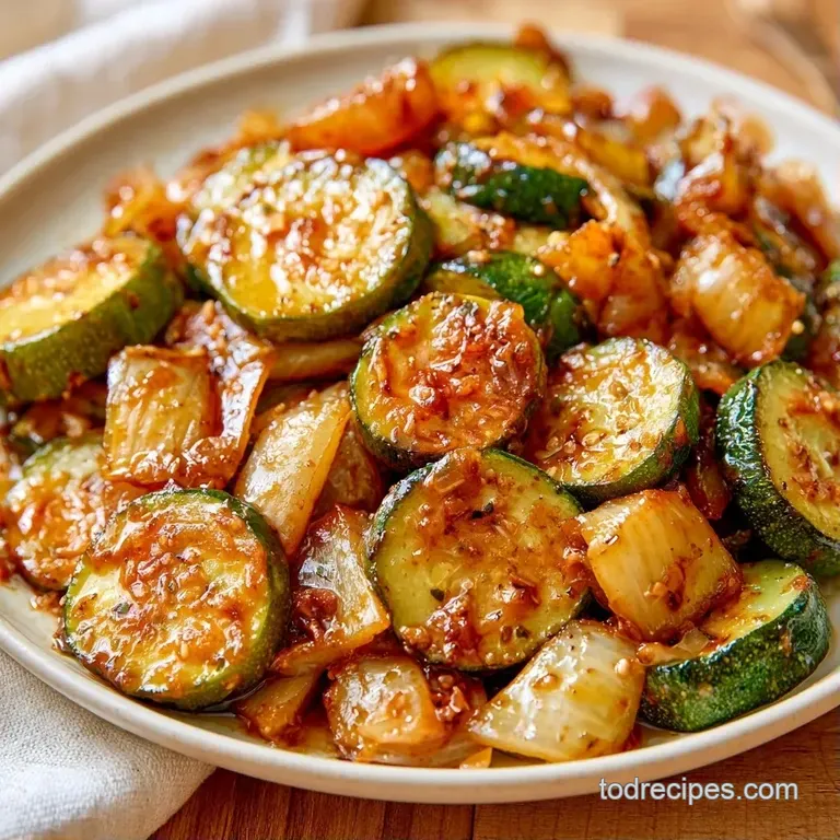 Neatly arranged green zucchini rounds and caramelized onions on a matte white plate with a sprinkle of sesame.