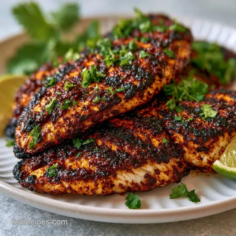 Two seasoned fish fillets resting on a bed of quinoa with colorful roasted peppers and a sprig of fresh cilantro.