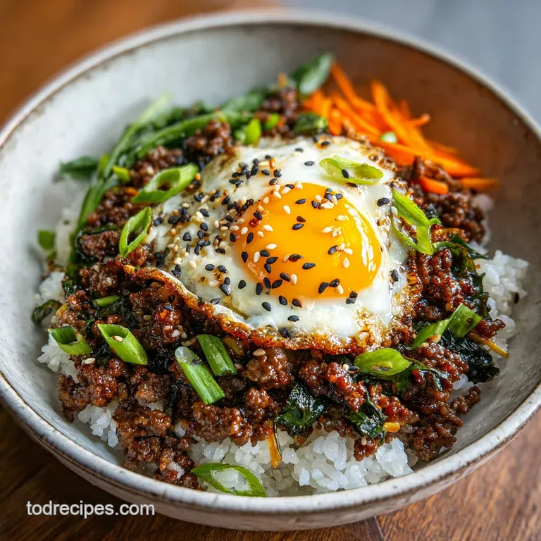 Korean ground beef bowl with vibrant scallions & sesame seeds. Saucy beef glistens over white rice in a clean, bright bowl.