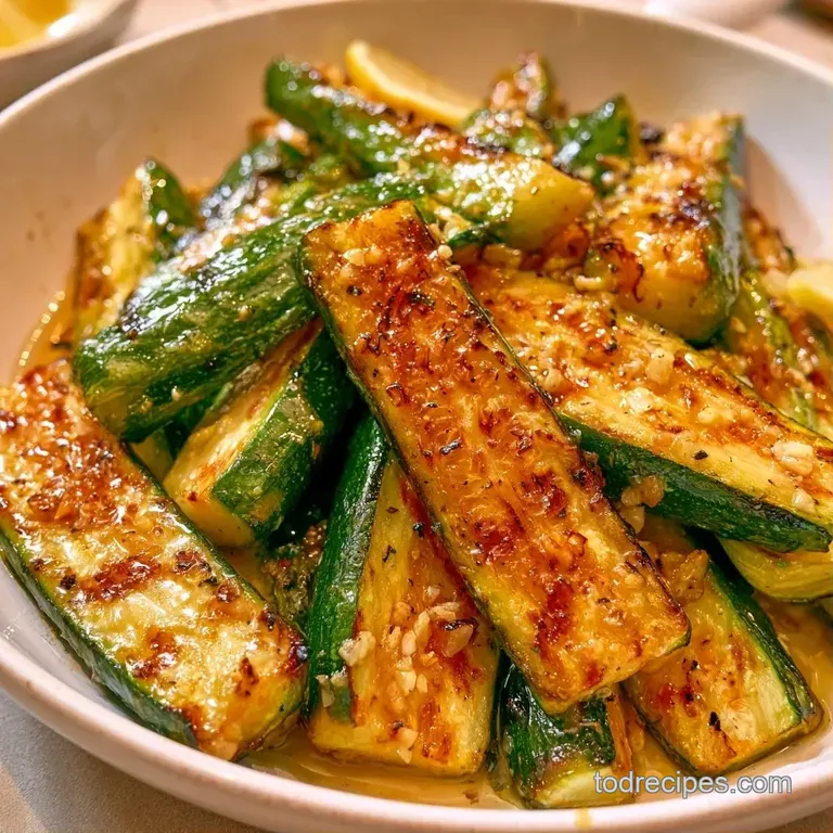 Neatly stacked grilled green squash slices on a white ceramic plate, garnished with a fresh lemon wedge and herbs.