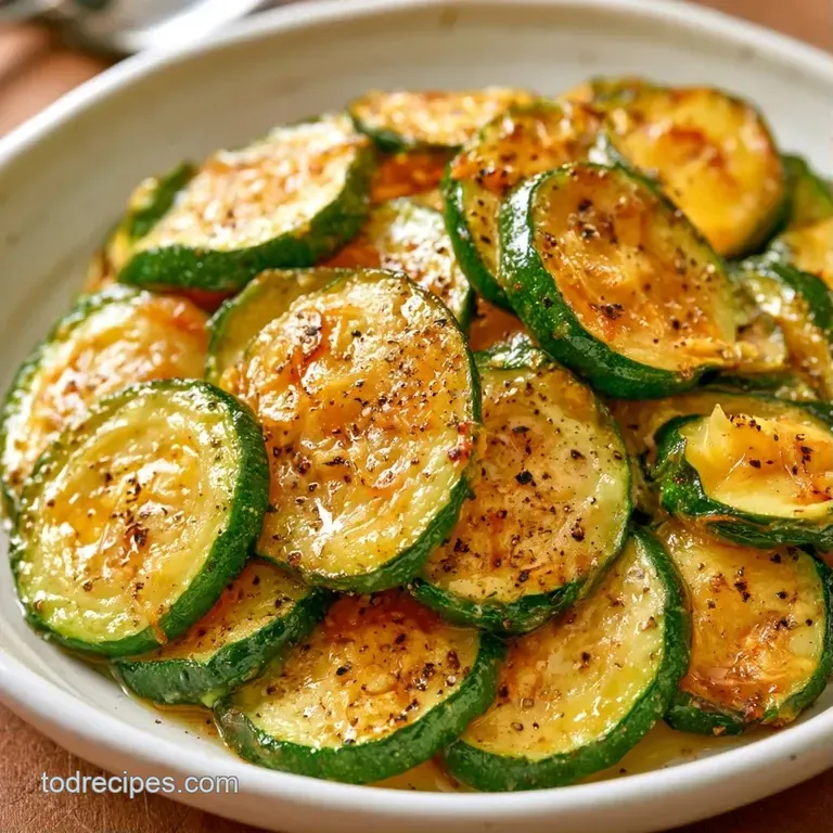 Neatly stacked zucchini rounds drizzled with a glossy lemon butter sauce and garnished with a fresh parsley sprig.