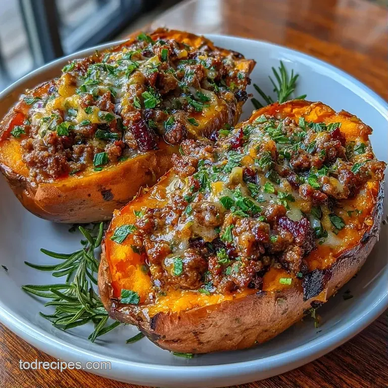 Four split orange sweet potatoes on a white platter, topped with melted cheese and a sprinkle of fresh green herbs.