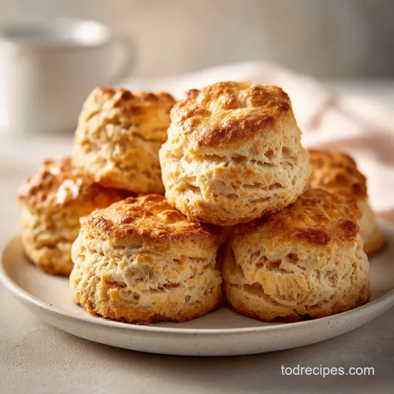 Stacked maple biscuits drizzled with syrup, glistening in the light, with powdered sugar dusting adding a touch of sweetness.
