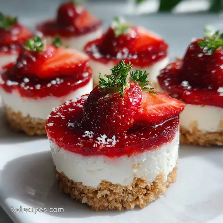 Elegant mini cheesecake plated with a halved strawberry showing juicy red flesh. Creamy filling contrasts with the crisp g...