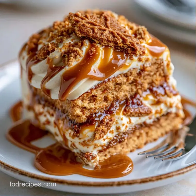 A caramel-colored cake slice on a white ceramic plate, drizzled with glossy glaze and topped with a crisp cookie.
