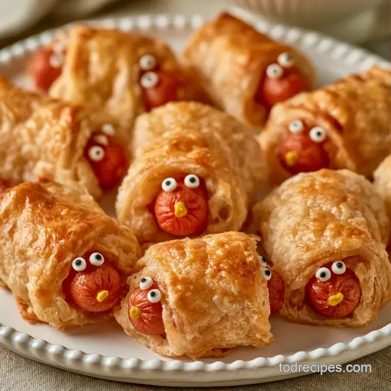 Crispy pastry-wrapped sausages arranged on a white platter with bowls of bright red ketchup and yellow mustard.