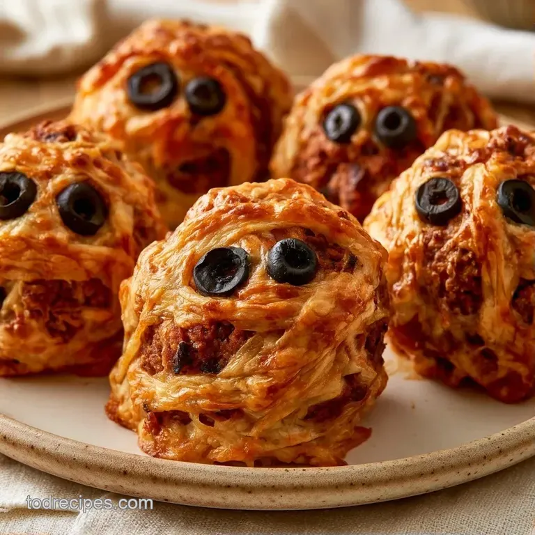Savory meatballs wrapped in toasted dough strips arranged on a white platter with a bowl of rich red marinara.