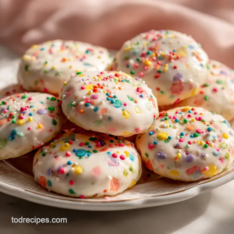 A neat stack of translucent candy and coconut cookies, artfully arranged on a white plate.