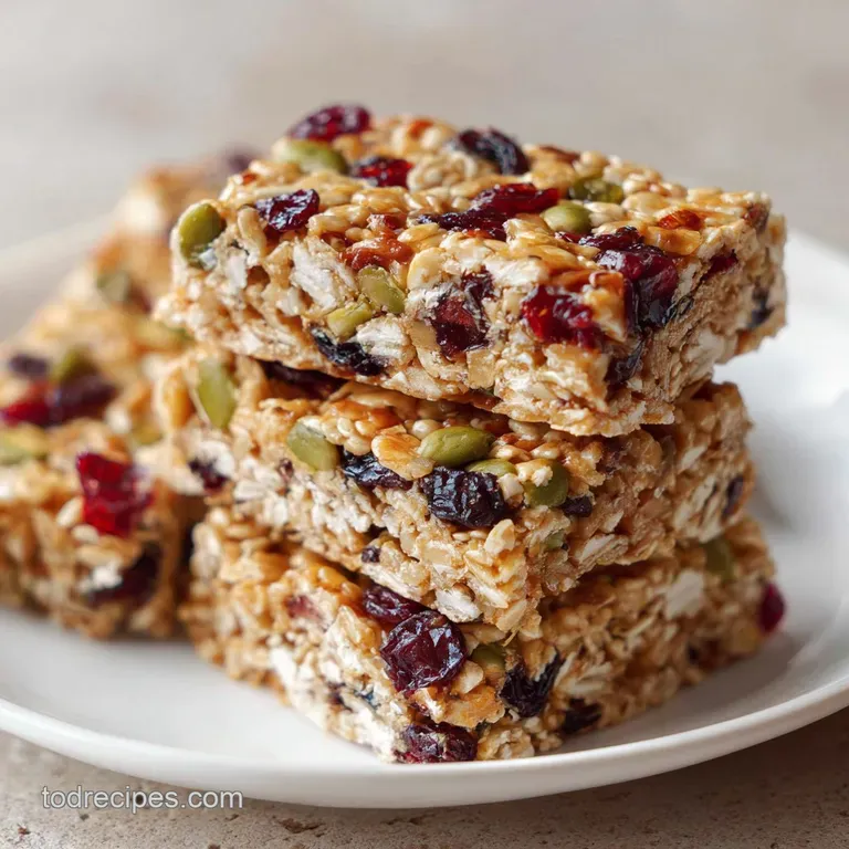 Two golden granola bars stacked; visible oats and nuts. Honey hues shine in the light, promising chewy sweetness. Appetizi...