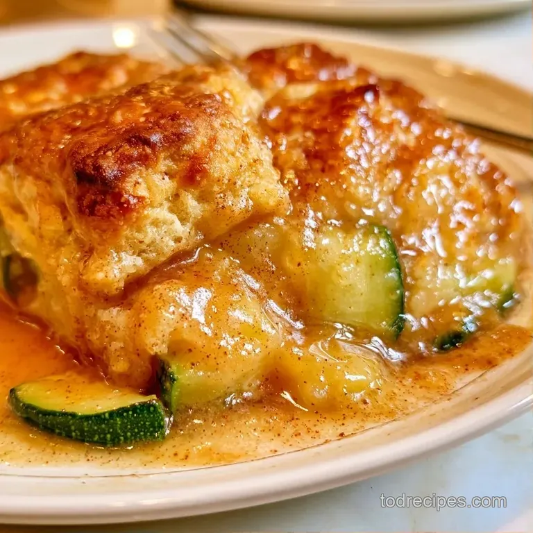Elegant slice of golden-brown cake over tender green zucchini, served on a ceramic plate with a fresh lemon slice.