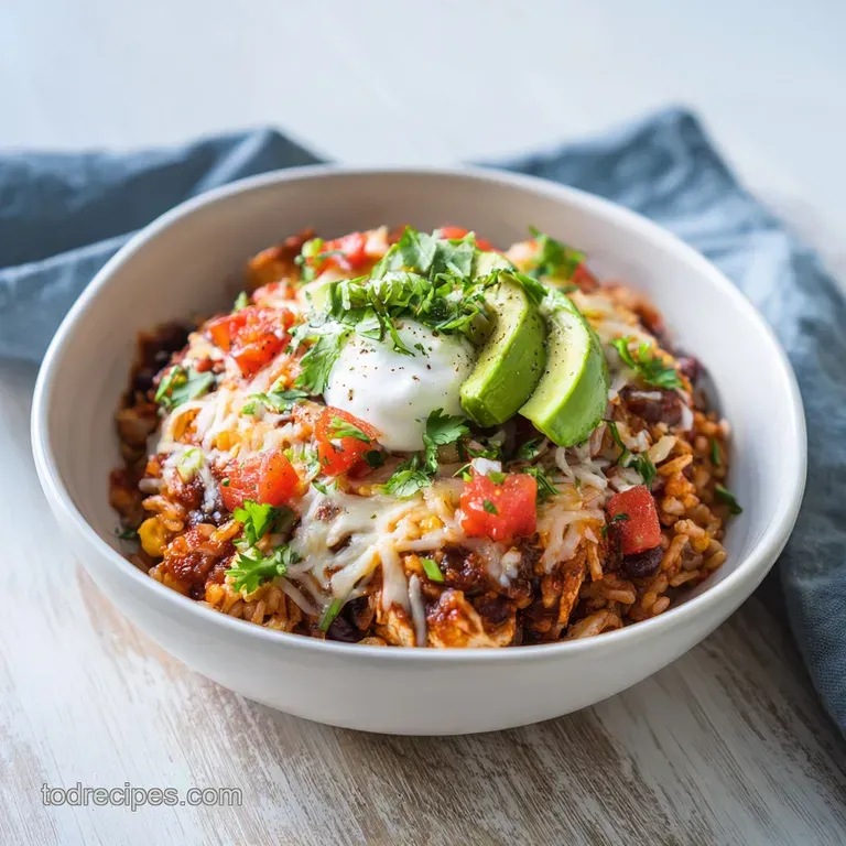 A neatly arranged burrito bowl featuring tender chicken, bright corn, ripe avocado, and a dollop of sour cream, ready to b...