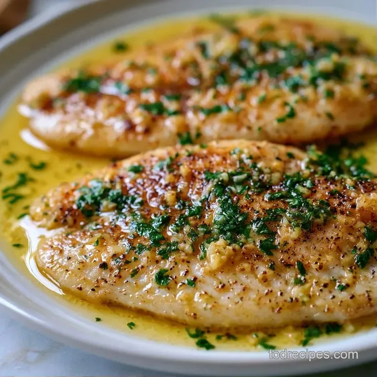 Flaky white fish fillet on a minimalist plate, garnished with a lemon slice and a sprig of fresh green parsley.