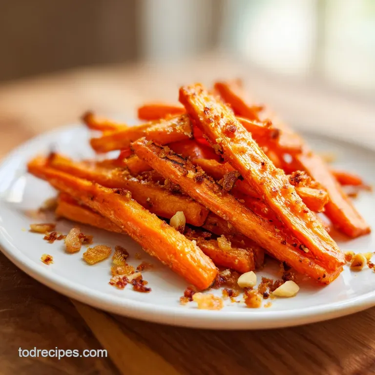 Roasted orange carrots arranged on a white ceramic plate, dusted with toasted cheese and minced garlic bits.