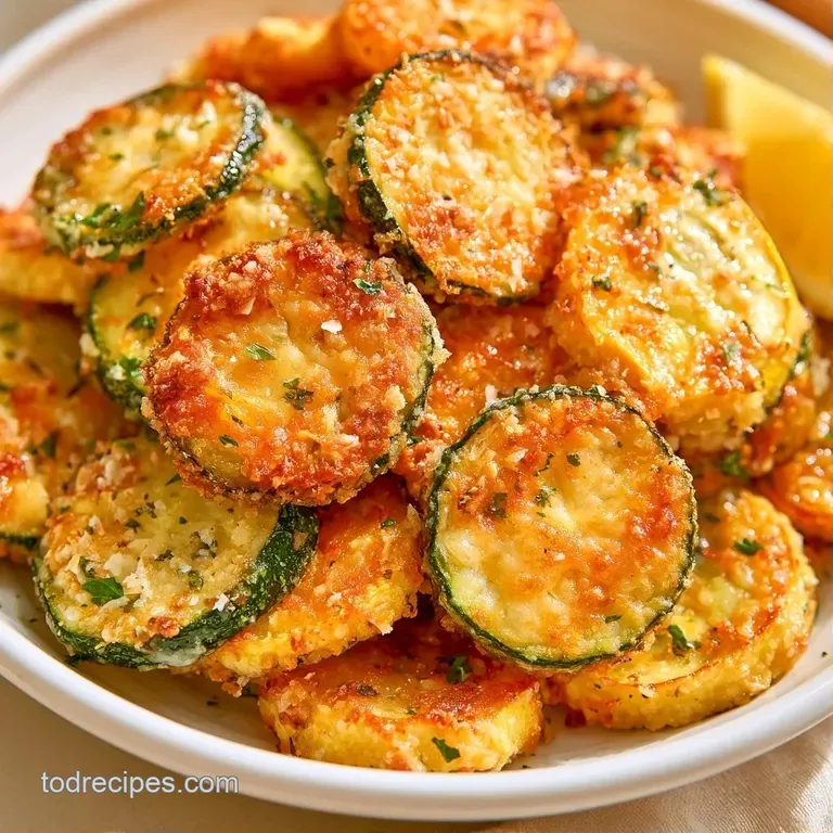 Neatly stacked slices of roasted green and yellow squash topped with melted cheese and a sprig of fresh parsley.
