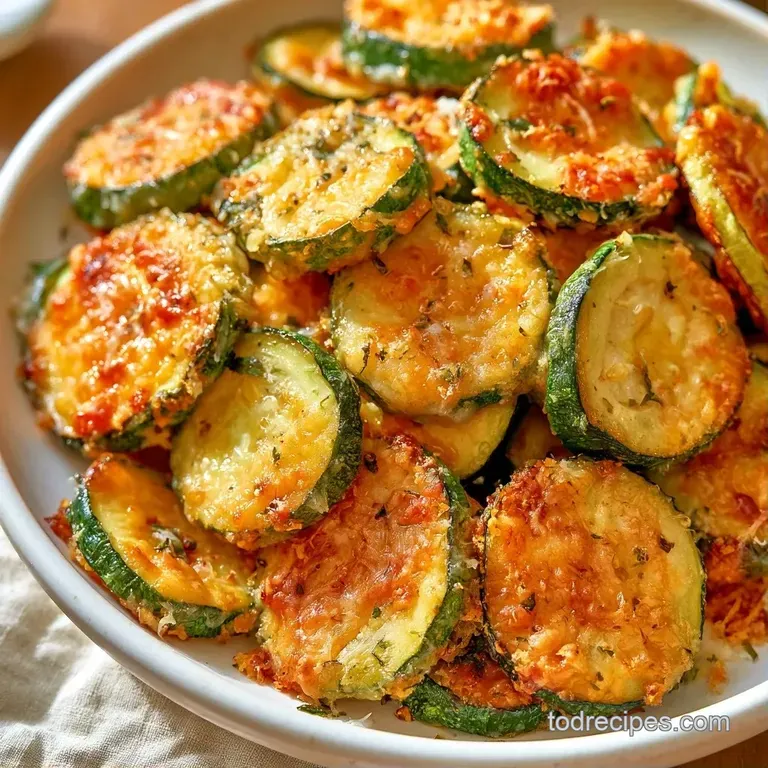 Neatly stacked roasted zucchini rounds with a crispy cheese crust served on a white ceramic plate with fresh parsley.