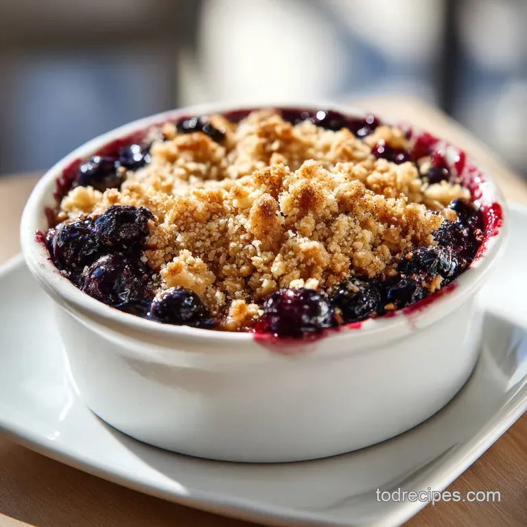 Warm peach & blueberry crisp in a ramekin, topped with a scoop of melting vanilla ice cream and a sprig of fresh mint.