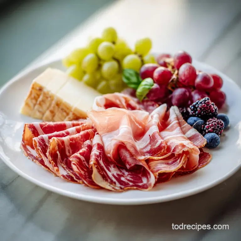 Artfully arranged charcuterie board featuring soft brie, salty prosciutto roses, juicy grapes, and crunchy crackers.