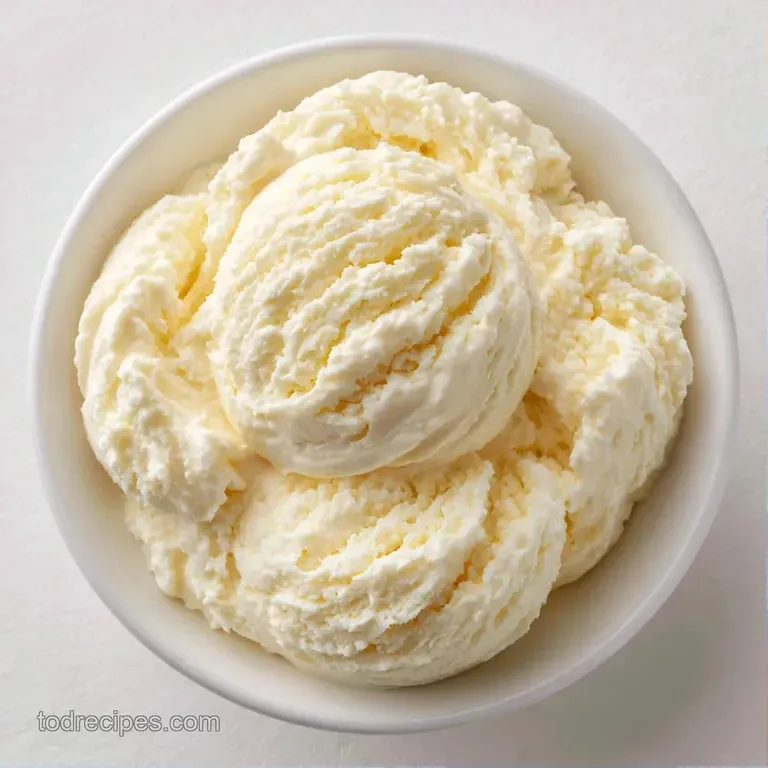 Three neat scoops of frozen white cream served in a crystal bowl with a sprig of mint and a sprinkle of sliced almonds.