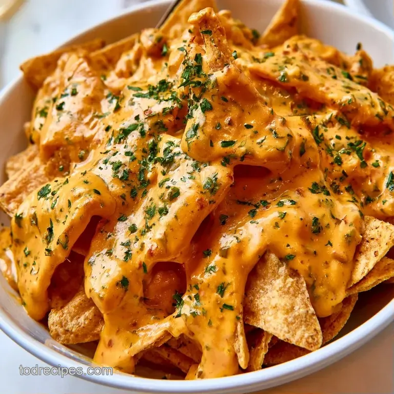 A vibrant platter of cheesy corn chips drizzled with white cream and bright peppers on a dark slate background.