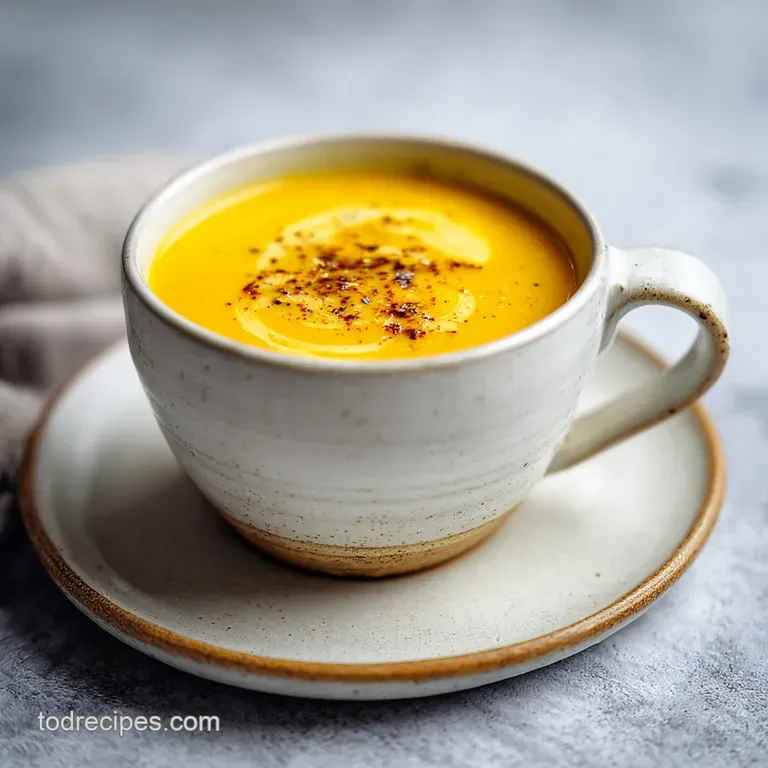 Elegant bowl of vibrant pumpkin soup garnished with a sprig of thyme, glistening oil, and cubes of sweet green apple.