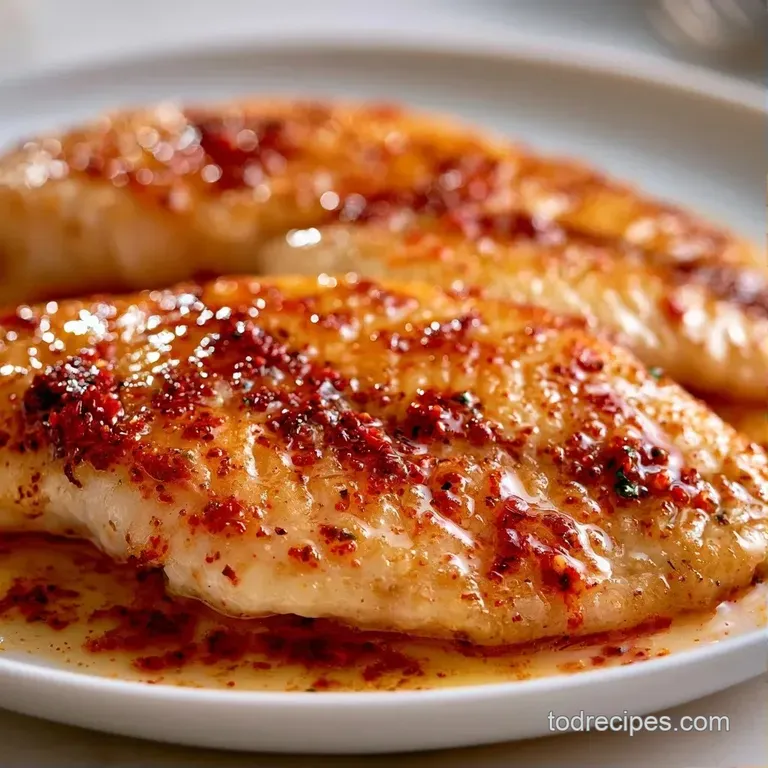 Golden-brown fish fillet resting on a bed of steamed asparagus with a drizzle of melted lemon butter.