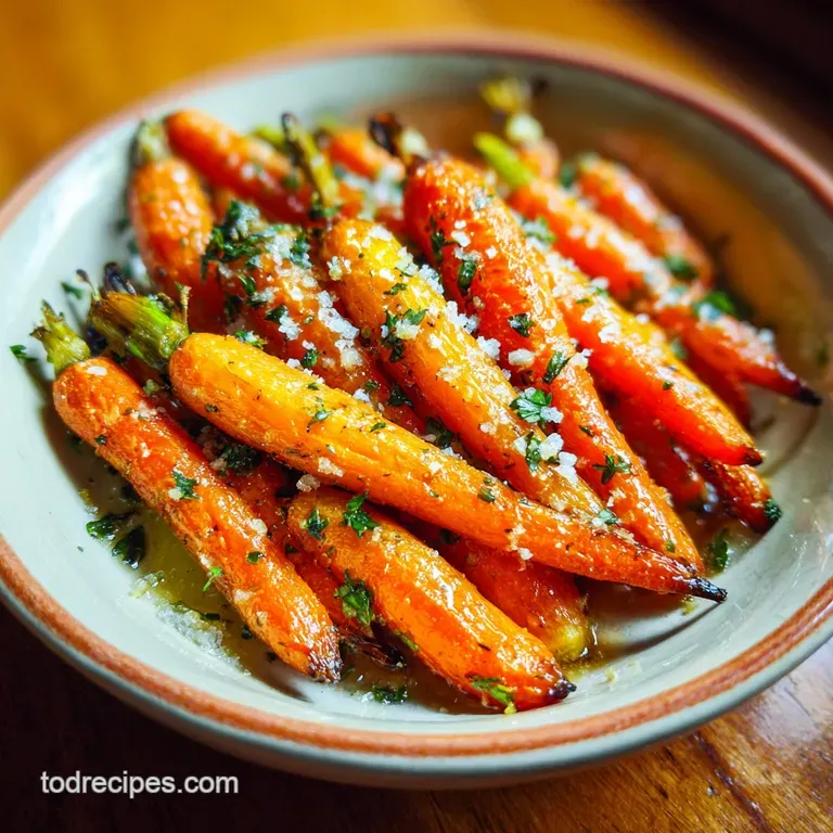 Tender roasted carrots artfully arranged on a white plate, glistening with olive oil and parmesan.