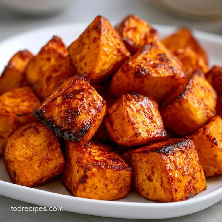 Neatly piled orange cubes of caramelized root vegetables served in a white bowl with a drizzle of creamy sauce.
