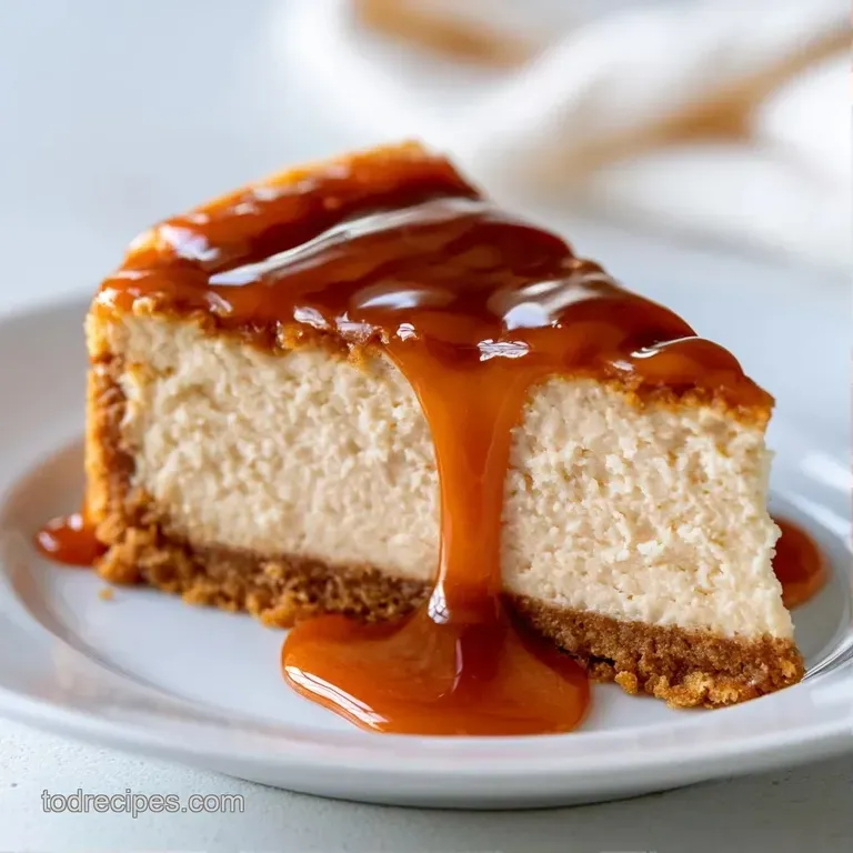 A thin slice of pale tan cheesecake topped with glistening caramel and a crunchy biscuit on a white ceramic plate.
