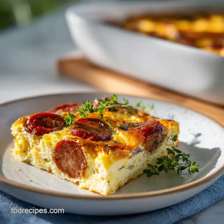 A warm slice of sausage egg casserole on a plate, steam rising, with visible layers of egg, sausage and bread, hints of he...