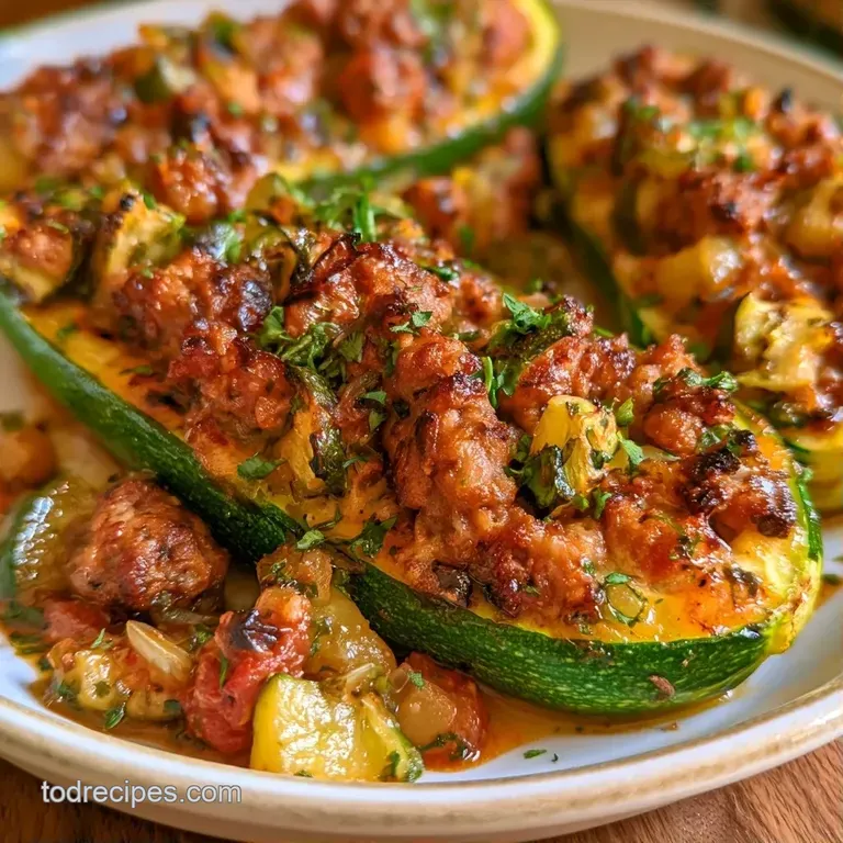 Two roasted zucchini halves filled with savory meat, served on a white ceramic plate with a side of fresh salad.