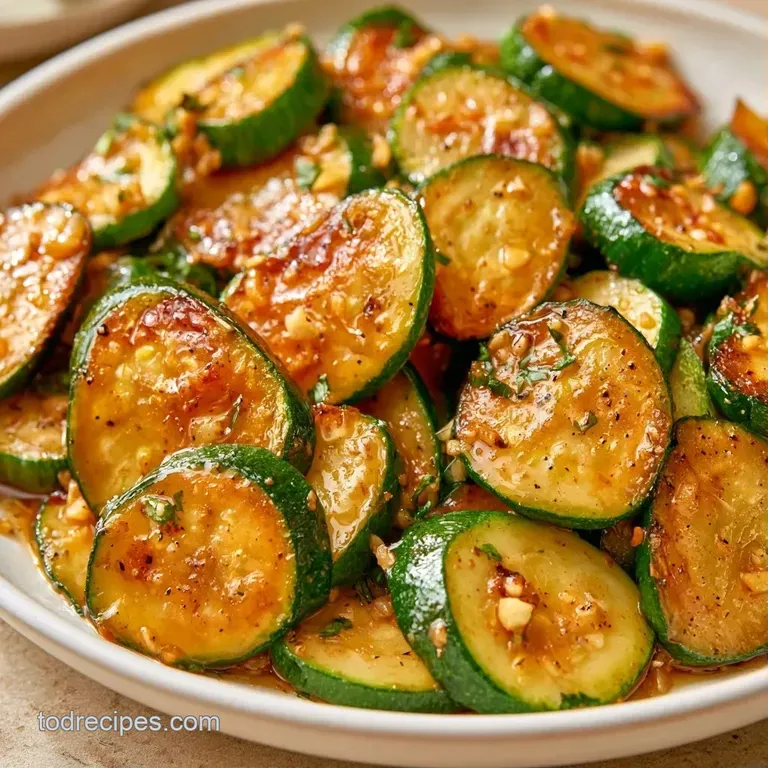 An elegant stack of glistening green zucchini rounds on a matte white plate, garnished with fresh parsley leaves.
