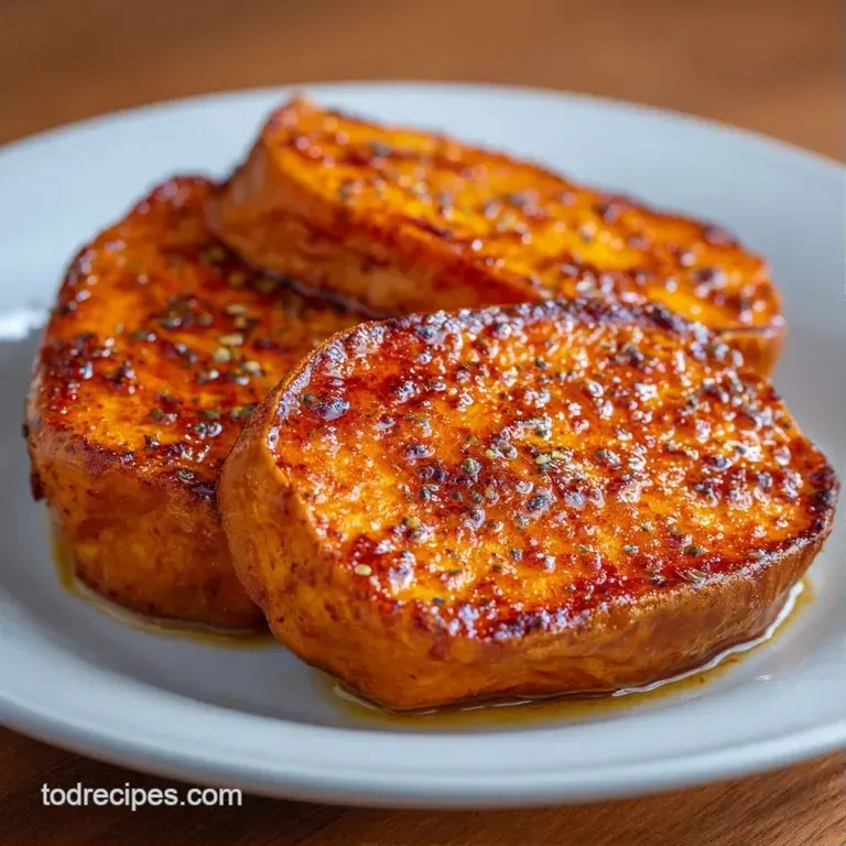 Two vibrant orange roasted potato halves on a white ceramic plate with a side of crisp greens and a creamy drizzle.