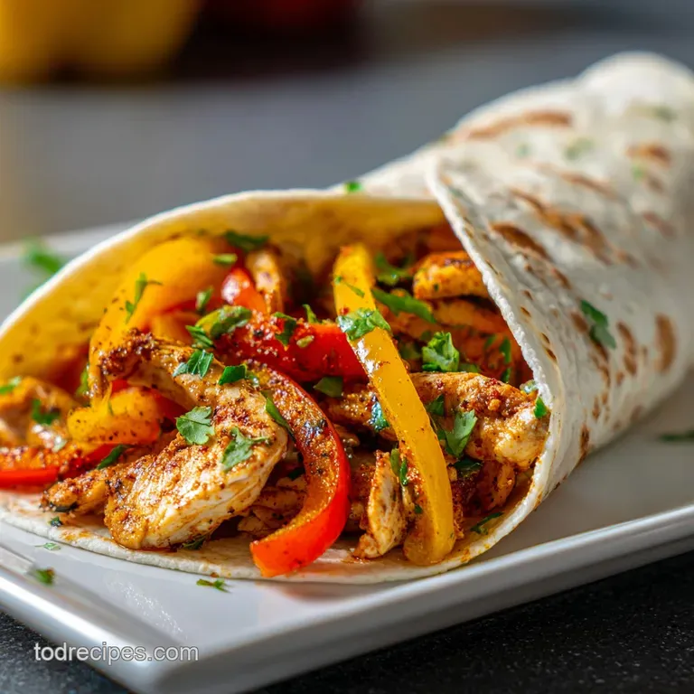 Chicken fajita filling spilling from a warm tortilla, topped with fresh cilantro and a squeeze of lime. Vibrant, flavorful...
