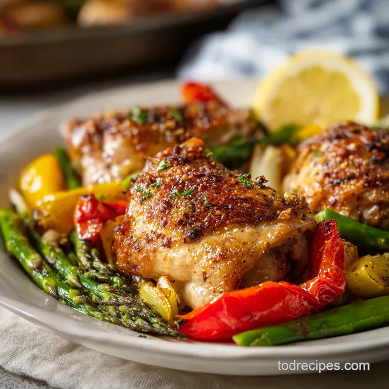Juicy, browned chicken thigh on a white plate with vibrant, tender-crisp vegetables drizzled with a buttery garlic sauce.