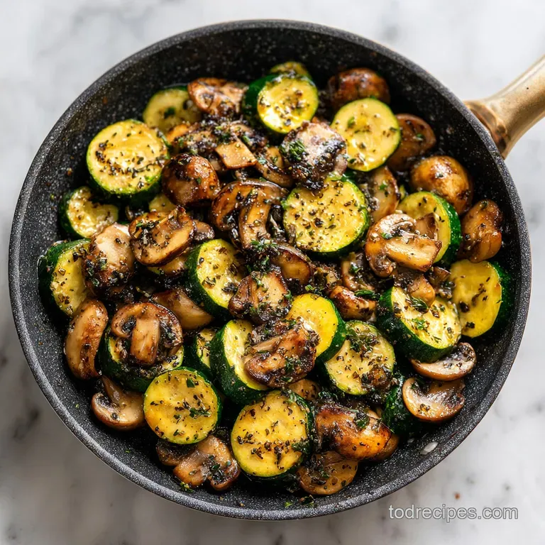 A rustic cast iron skillet brimming with tender zucchini and earthy mushrooms, ready to serve.