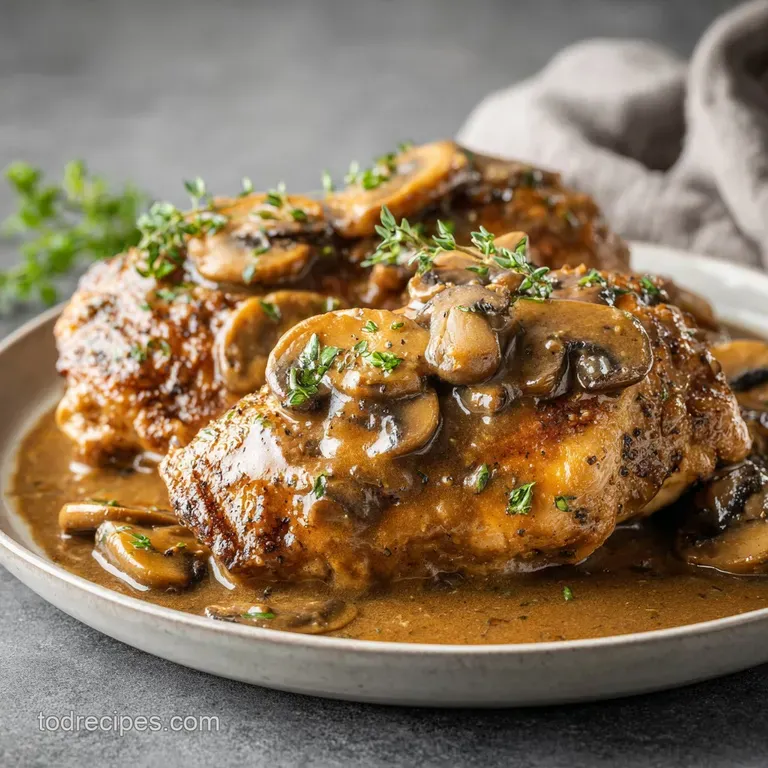 Plated chicken Marsala with a swirl of sauce, vibrant green parsley flecks, and a side of fluffy, golden mashed potatoes.