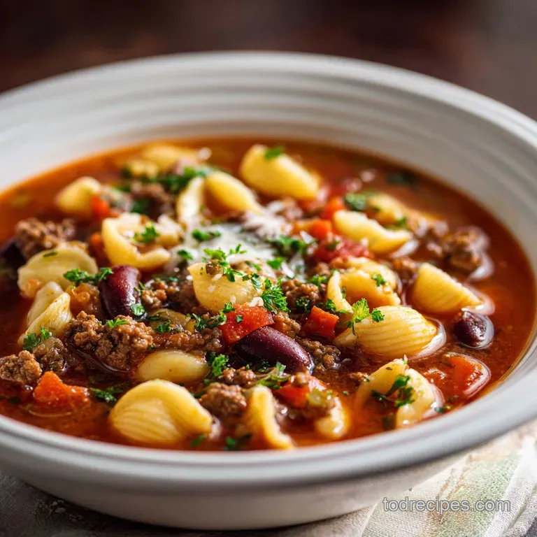 Rustic bowl of Pasta Fagioli soup; steam rises from the savory broth dotted with ground beef and colorful vegetables.