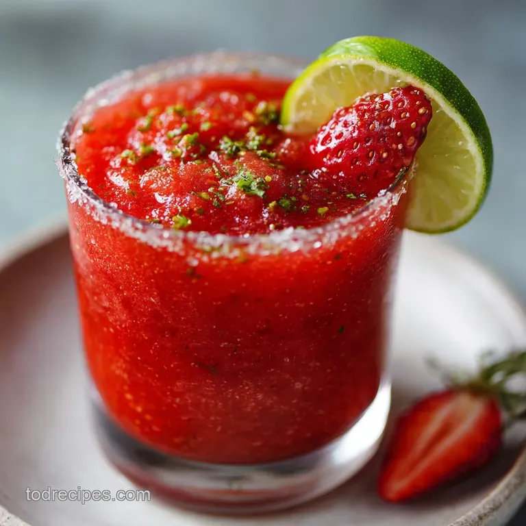 Elegant strawberry margarita in a stemmed glass, garnished with a sugared strawberry and lime twist against a blurred back...