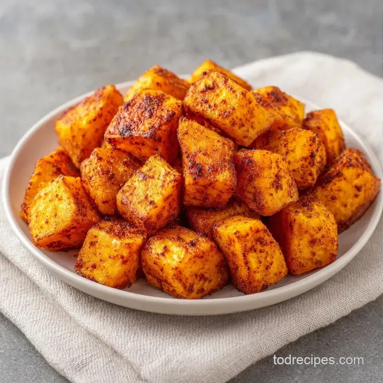 A white ceramic bowl filled with roasted orange potato chunks, drizzled with glossy brown and bright green chutneys.