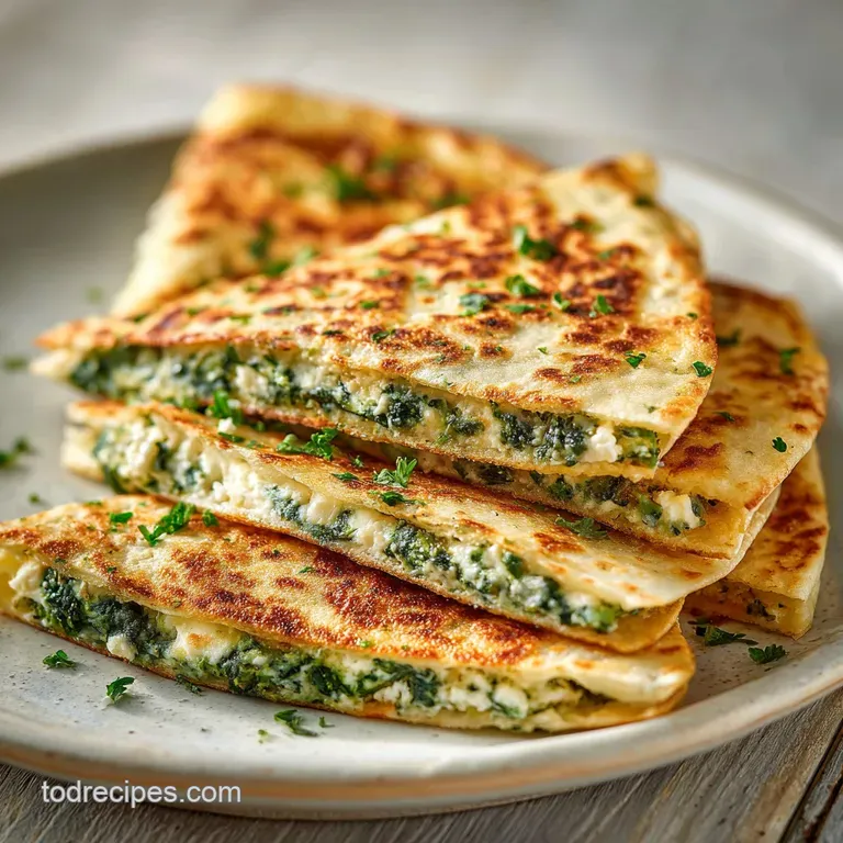 A stack of golden quesadilla wedges topped with a dollop of creamy sauce and a sprinkle of herbs. Simple, fresh, and appet...