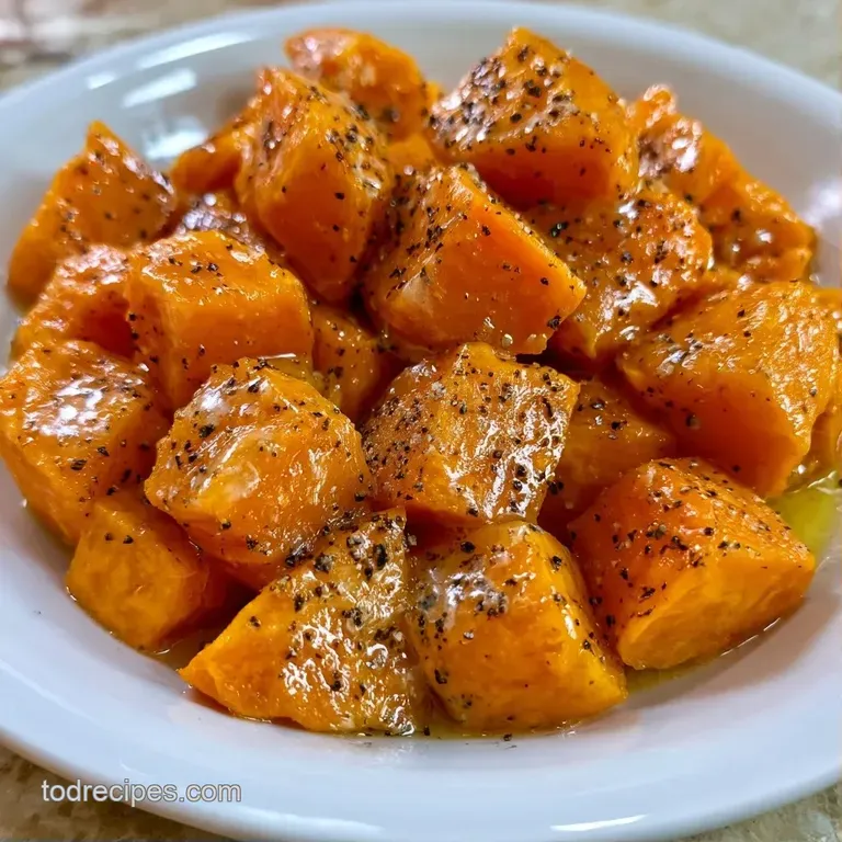 Vibrant orange root vegetable cubes arranged neatly on a dark slate platter, garnished with a sprig of fresh parsley.
