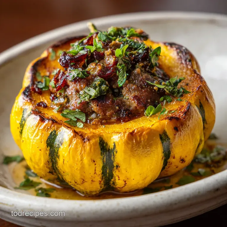 A single stuffed patty pan squash, skin slightly blistered, resting on a bed of greens, highlighting its savory filling.